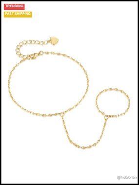 14K Gold Plated Hand Chain Bracelet Ring Set for Women Adjustable Layered
